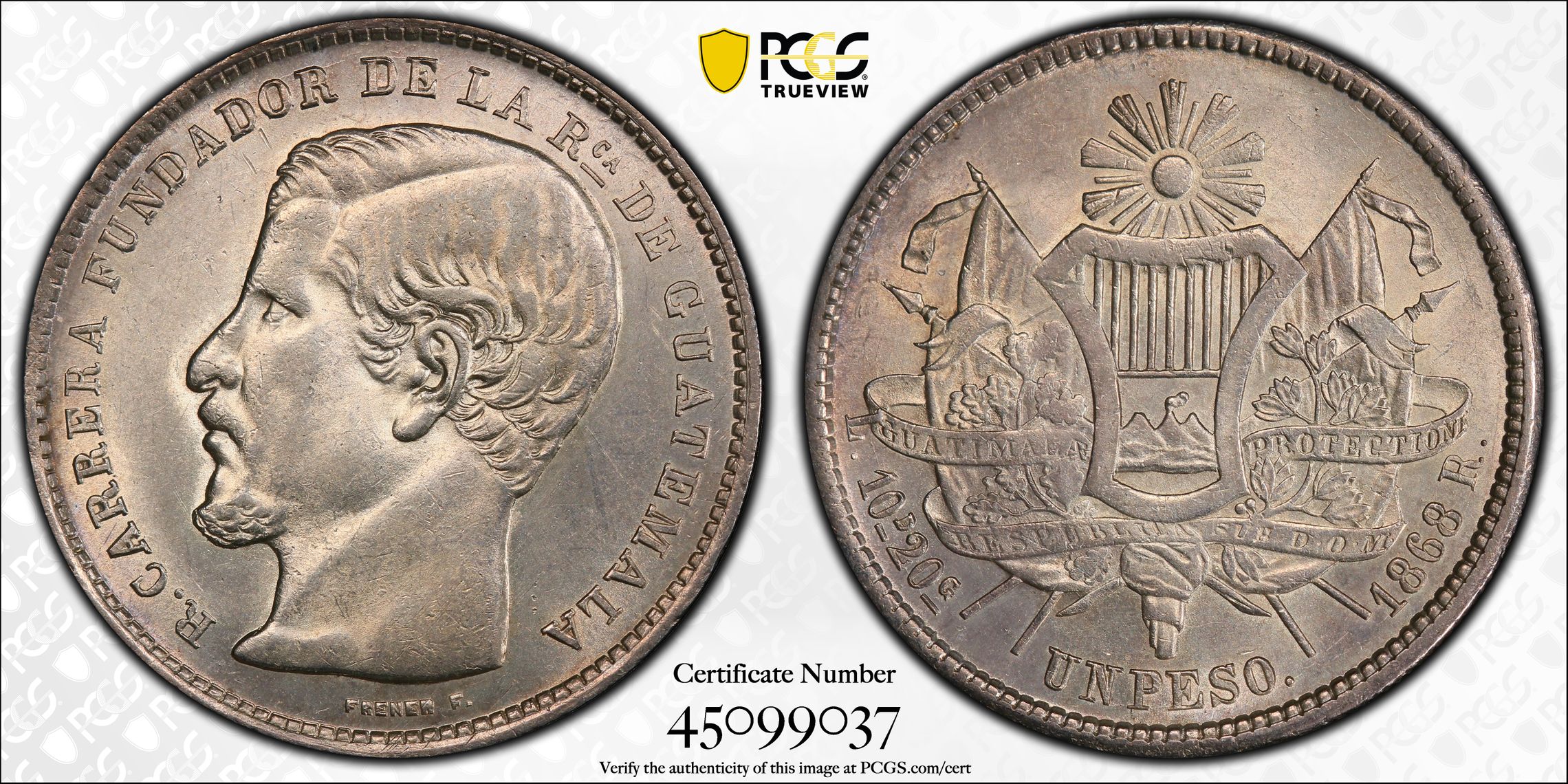 GUATEMALA. Peso, 1868-R. Guatemala City Mint. PCGS MS-62., MS62 