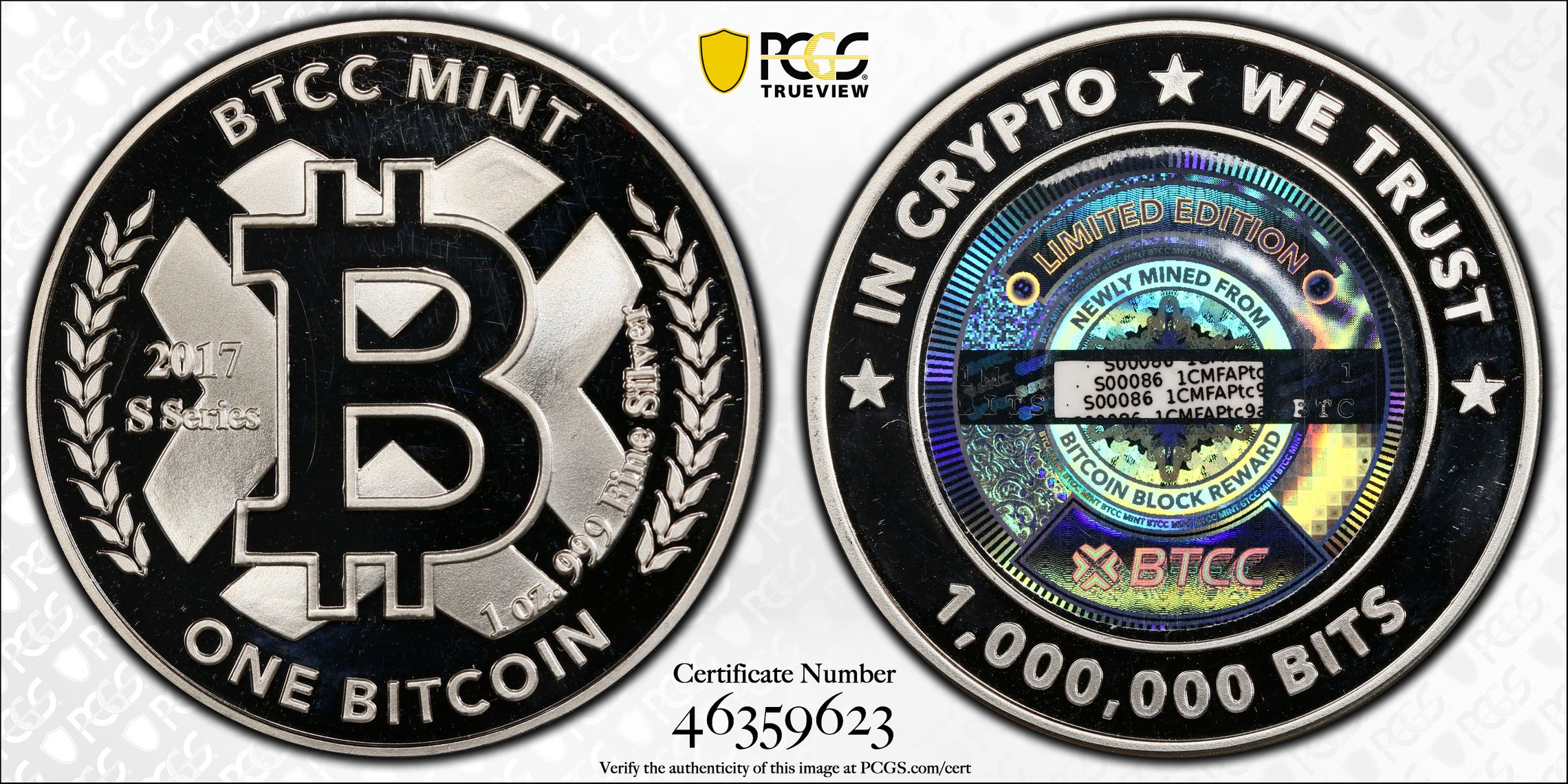 2017 BTCC 1 Bitcoin. Loaded. Firstbits 1CMFAPtc9a. Serial No
