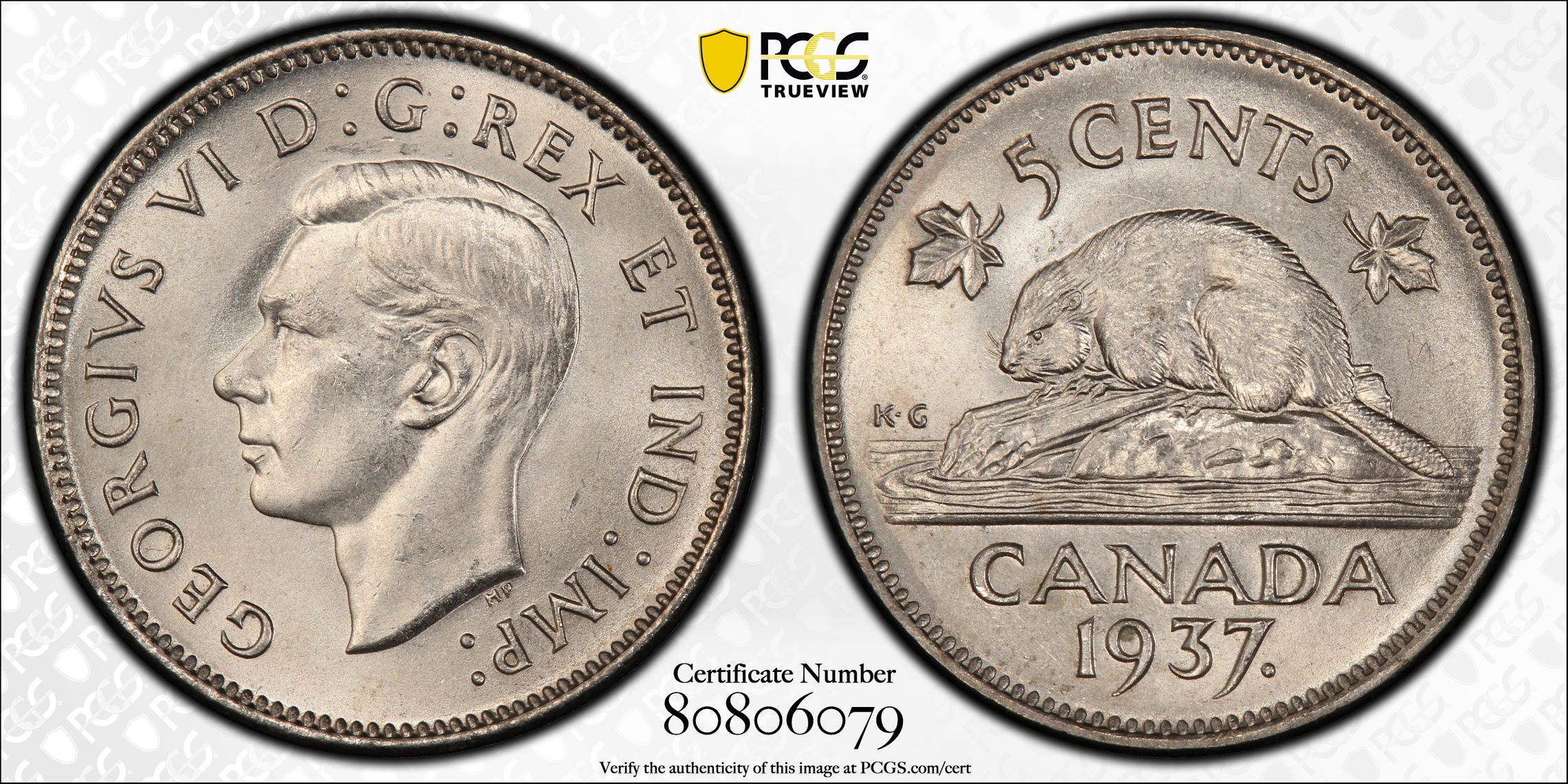 Canada 5c Cents Nickel 1937. MS65 PCGS nickel KM 33 Dot George VI