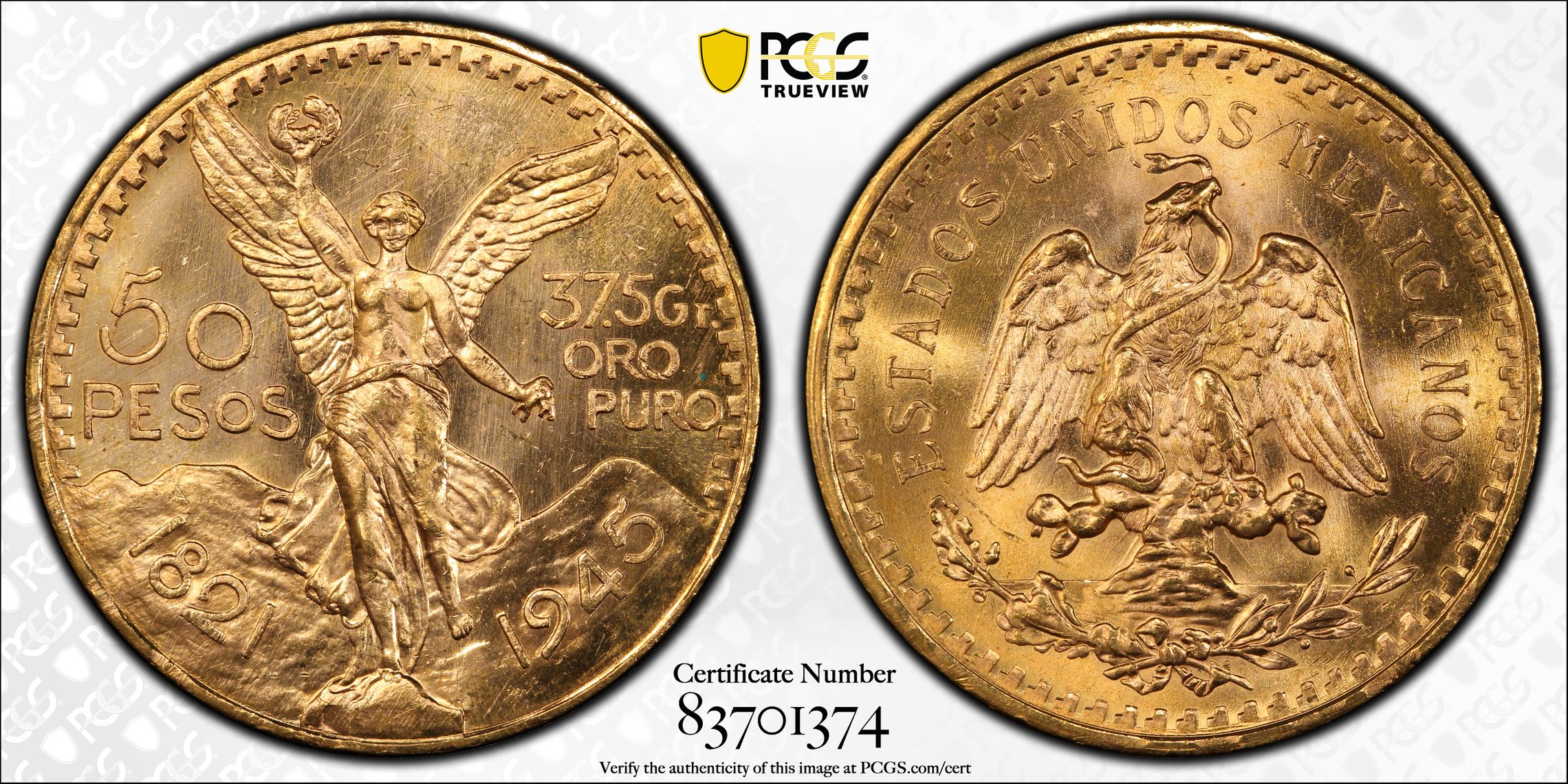 1945 Mexico Gold Centenario 50 Peso KM-481 PCGS Certified MS65 