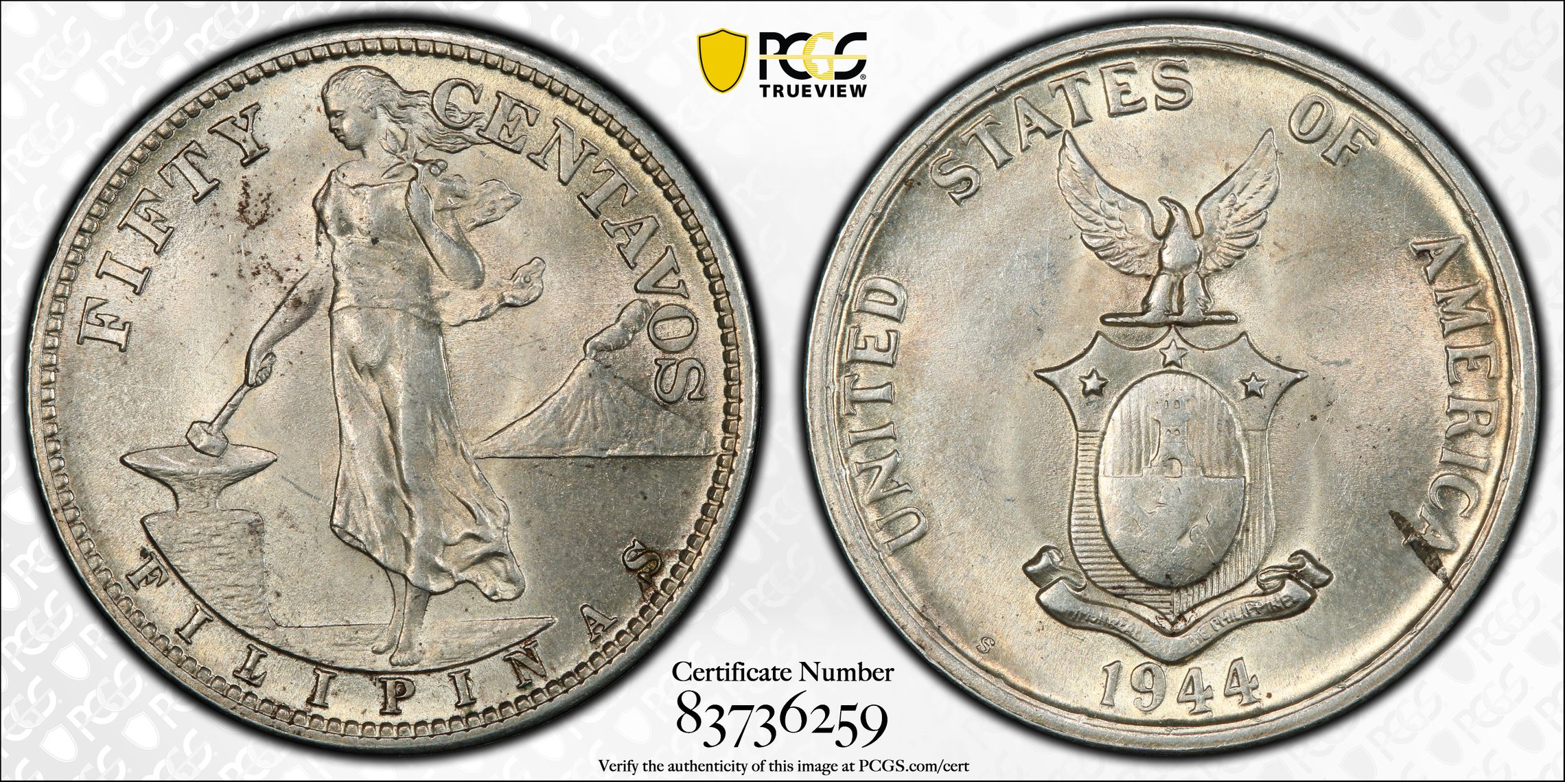 US Philippines 1944 S Fifty Centavos PCGS MS63 Type I Reverse Mt