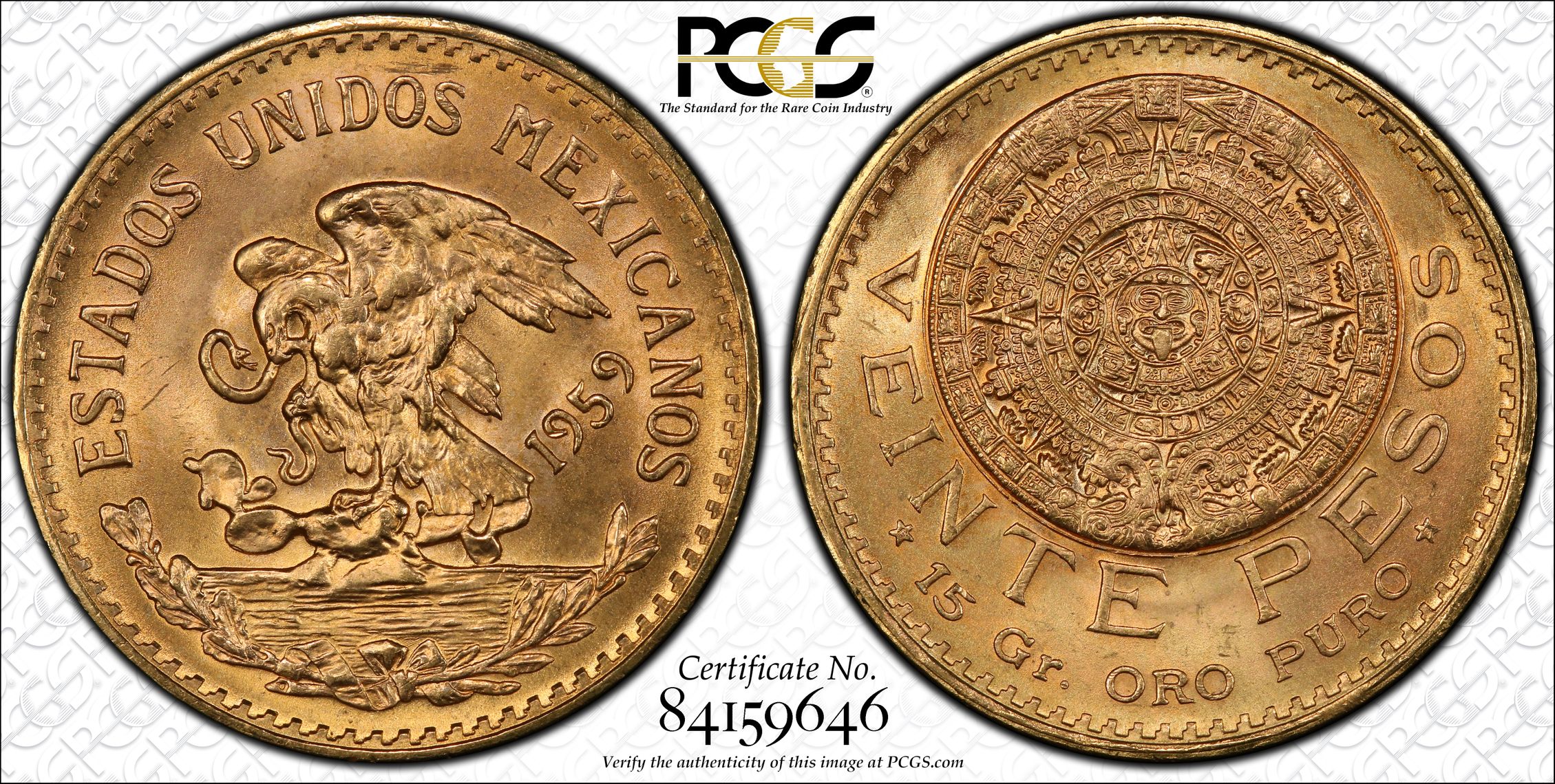 1959 MEXICO 20 PESO GOLD PCGS MS66 KM 478 ORIGINAL OF ONLY 13 000