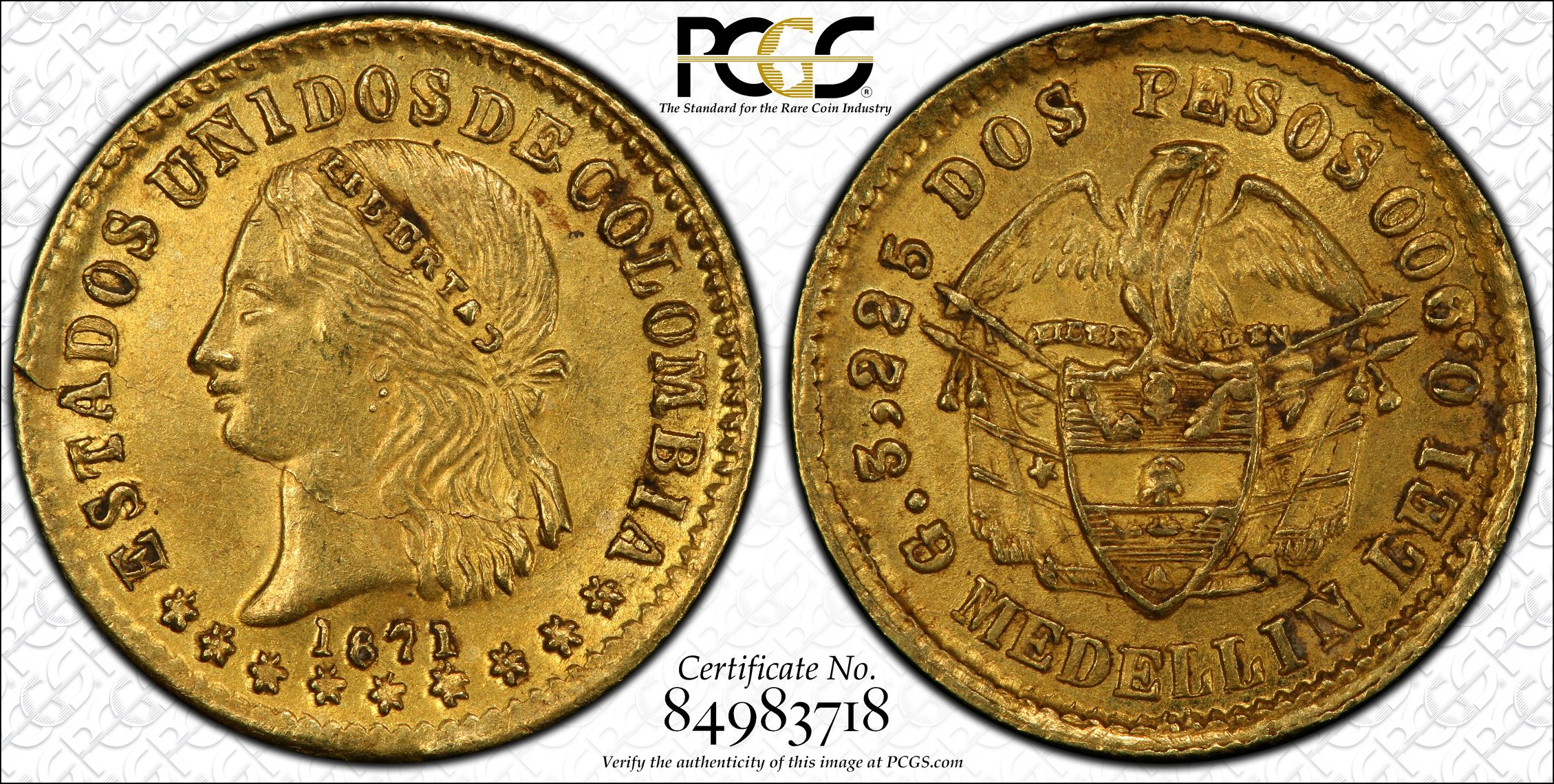 Colombia: Estados Unidos gold 2 Pesos 1871 MS62 PCGS,, MS62 