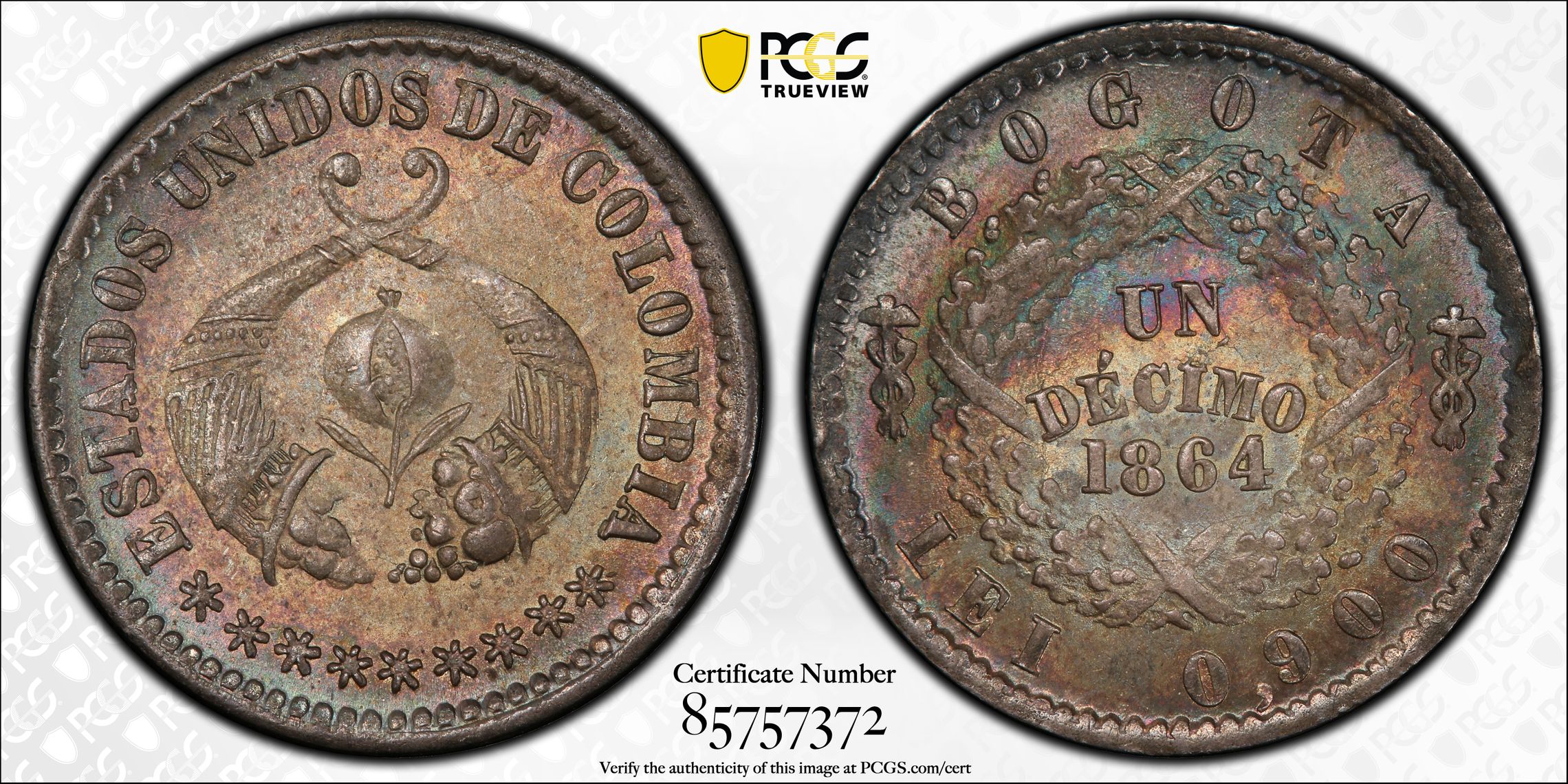 COLOMBIA. Decimo, 1864. Bogota Mint. MS-65 (PCGS)., MS65 COLOMBIA. Decimo, 1864. Bogota Mint. MS-65 (PCGS)., MS65