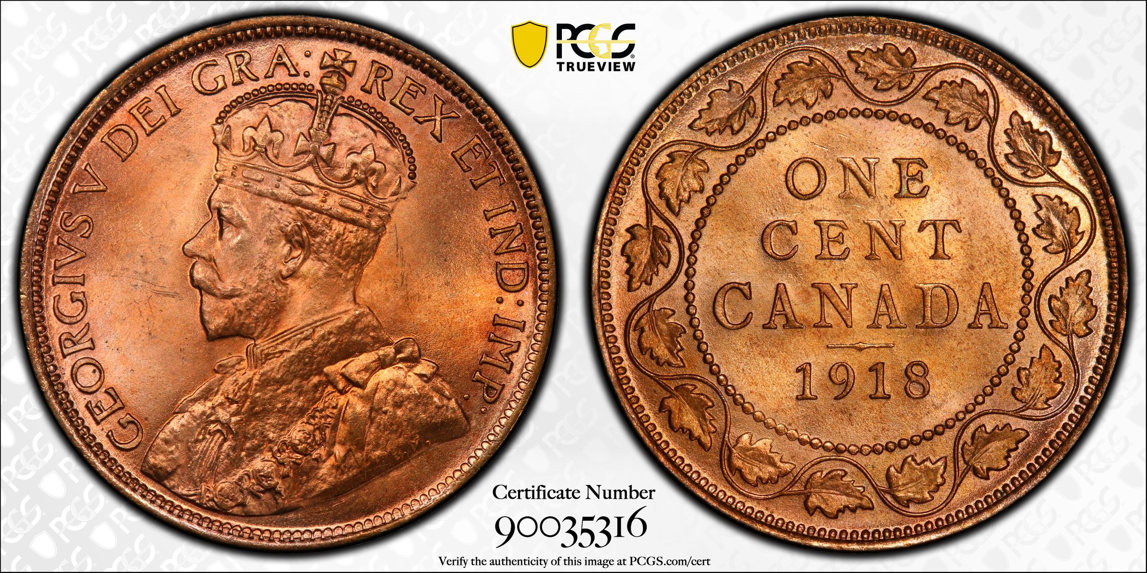 Canada George V Cent 1918 MS66 Red PCGS MS66RD PCGS